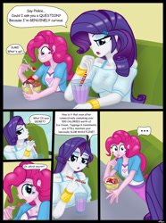 Size: 1600x2149 | Tagged: safe, artist:lennondash, imported from derpibooru, pinkie pie, rarity, equestria girls, ..., booth, comic, dialogue, duo, duo female, eating, female, food, ice cream, milkshake, speech bubble, spoon, straw, sundae, window