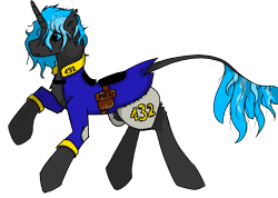 Size: 1985x1417 | Tagged: safe, artist:hrabiadeblacksky, imported from derpibooru, oc, oc only, oc:hrabia de black sky, bat pony, hybrid, kirin, pony, unicorn, fallout equestria, blue eyes, clothes, fallout, male, simple background, solo, stallion, sticker, transparent background