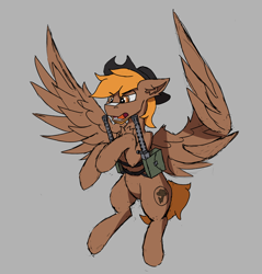 Size: 2496x2610 | Tagged: safe, artist:reddthebat, imported from derpibooru, oc, oc only, oc:calamity, pegasus, pony, fallout equestria, battle saddle, chest fluff, cowboy hat, ear fluff, eyebrows, eyebrows visible through hair, flying, frown, gray background, gun, hat, high res, male, open mouth, pegasus oc, simple background, solo, stallion, weapon