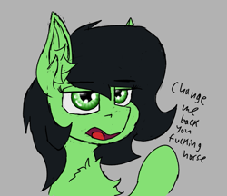 Size: 753x650 | Tagged: safe, artist:reddthebat, imported from derpibooru, oc, oc only, oc:filly anon, earth pony, pony, chest fluff, ear fluff, eyebrows, eyebrows visible through hair, female, filly, foal, frown, gray background, open mouth, simple background, solo, talking, text, vulgar