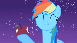 Size: 1280x720 | Tagged: safe, imported from derpibooru, screencap, rainbow dash, pegasus, pony, owl's well that ends well, season 1, ^^, apple, cute, dashabetes, eating, eyes closed, food, herbivore, solo, stars