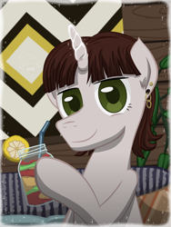 Size: 3600x4800 | Tagged: safe, artist:template93, imported from derpibooru, oc, oc only, pony, unicorn, colored pupils, commission, couch, drink, ear piercing, earring, eyelashes, fruit, glowing, glowing horn, hoof hold, horn, jewelry, looking at you, magic, male, piercing, pillow, plant, poster, smiling, smiling at you, solo, stallion, straw