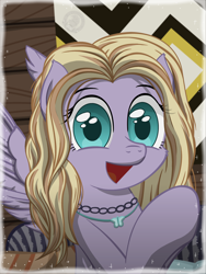 Size: 3600x4800 | Tagged: safe, artist:template93, imported from derpibooru, oc, oc only, pegasus, pony, colored pupils, commission, couch, eyebrows, eyelashes, feathered wings, female, jewelry, looking at you, magic, mare, necklace, open mouth, open smile, pillow, poster, smiling, smiling at you, solo, spread wings, wings