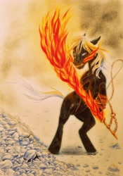 Size: 2596x3704 | Tagged: safe, artist:cahandariella, imported from derpibooru, oc, oc only, earth pony, pony, colored pencil drawing, fanfic art, fantasy class, fire, male, scar, solo, stallion, sword, traditional art, warrior, weapon