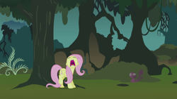 Size: 1920x1080 | Tagged: safe, imported from derpibooru, screencap, fluttershy, pegasus, pony, season 1, stare master, everfree forest, faic, female, forest, frightened, mare, mawshot, nose in the air, open mouth, scared, screaming, solo, tree, uvula, volumetric mouth