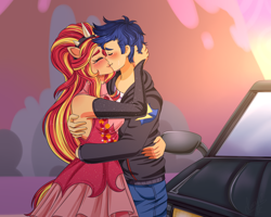 Size: 4500x3600 | Tagged: safe, artist:lucy-tan, imported from derpibooru, flash sentry, sunset shimmer, human, equestria girls, absurd resolution, blushing, car, clothes, commission, cute, dress, duo, eyes closed, female, flashimmer, hug, jacket, jeans, kiss on the lips, kissing, leather jacket, male, pants, ponied up, shimmerbetes, shipping, straight