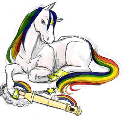 Size: 1100x1056 | Tagged: safe, artist:jameson9101322, imported from derpibooru, horse, hoers, key, lying down, male, multicolored hair, rainbow brite, rainbow hair, simple background, solo, stallion, starlite, white background