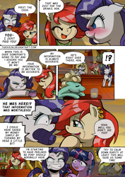 Size: 1204x1700 | Tagged: safe, artist:tarkron, imported from derpibooru, rarity, twilight sparkle, zephyr breeze, oc, oc:cosmo cool, oc:red scarla, alicorn, earth pony, pegasus, pony, unicorn, comic:the royal sandal, alcohol, angry, bandana, beer, beer bottle, bottle, comic, ear piercing, earring, exclamation point, female, glass, interrobang, jewelry, male, mare, piercing, purse, question mark, scar, speech bubble, stallion, sunglasses, tongue out, twilight sparkle (alicorn)