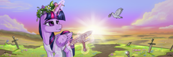Size: 3180x1060 | Tagged: safe, artist:kirasunnight, imported from derpibooru, twilight sparkle, alicorn, bird, dove, pony, broken, clothes, cloud, floral head wreath, flower, flower in hair, glowing, glowing horn, grass, horn, looking at something, magic, sky, sun, sunset, sword, telekinesis, twilight sparkle (alicorn), weapon