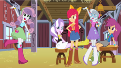 Size: 1024x578 | Tagged: safe, artist:sunsetshimmer333, imported from derpibooru, apple bloom, diamond tiara, scootaloo, silver spoon, sweetie belle, equestria girls, adult, alternate clothes, alternate hairstyle, belt, boots, clothes, clothes swap, cowboy boots, high heel boots, older, older apple bloom, older diamond tiara, older scootaloo, older silver spoon, older sweetie belle, shirt, shoes, skirt, solo
