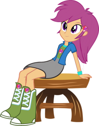 Size: 1024x1306 | Tagged: safe, artist:sunsetshimmer333, imported from derpibooru, scootaloo, equestria girls, adult, alternate clothes, alternate hairstyle, belt, boots, clothes, clothes swap, cute, cutealoo, cutie mark on clothes, like sister like sister, long hair, older, older scootaloo, shirt, shoes, simple background, skirt, solo, tomboy, transparent background