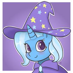 Size: 2160x2160 | Tagged: safe, artist:limitmj, imported from derpibooru, trixie, pony, unicorn, abstract background, blushing, bust, cape, clothes, cute, diatrixes, female, hat, high res, looking at you, mare, signature, smiling, smiling at you, solo, trixie's cape, trixie's hat