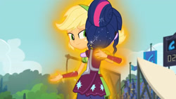 Size: 3410x1920 | Tagged: safe, imported from derpibooru, screencap, applejack, sci-twi, twilight sparkle, equestria girls, friendship games, duo, duo female, female, glowing, high res, hug, smiling