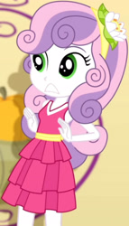 Size: 1920x3365 | Tagged: safe, imported from derpibooru, screencap, sweetie belle, a photo booth story, eqg summertime shorts, equestria girls, adorable face, cropped, cute, cute face, diasweetes, do not want, fall formal, fall formal outfits, female, flower, flower in hair, hairband, how about no, nervous, shocked, shocked expression, sleeveless, solo, teeth