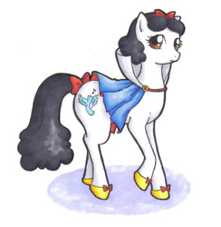 Size: 812x831 | Tagged: safe, artist:danikamorningstar, imported from derpibooru, earth pony, pony, bow, disney princess, female, looking back, mare, ponified, simple background, snow white, snow white and the seven dwarfs, solo, traditional art, white background