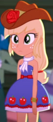 Size: 1781x4095 | Tagged: safe, imported from derpibooru, screencap, applejack, a photo booth story, eqg summertime shorts, equestria girls, bare shoulders, cowboy hat, cropped, female, hat, male, sleeveless, solo focus, strapless