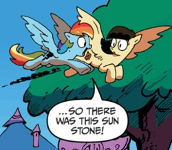 Size: 260x227 | Tagged: safe, idw, imported from derpibooru, rainbow dash, wild fire, pegasus, zen and the art of gazebo repair, comic, cropped, description is relevant, duo, flying, official, sunstone (g1 artifact)