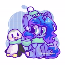 Size: 2048x2048 | Tagged: safe, artist:sunny berry, imported from derpibooru, princess luna, alicorn, bird, penguin, animal, clothes, cute, hat, scarf, sitting, smiling, winter