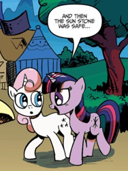 Size: 260x345 | Tagged: safe, imported from derpibooru, twilight sparkle, twinkleshine, unicorn, zen and the art of gazebo repair, cropped, double entendre, female, mare, official, reference to another series, speech bubble, sunstone (g1 artifact), talking, tent, text, tree, unicorn twilight, walking, wide eyes