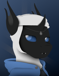 Size: 1080x1400 | Tagged: safe, artist:tiviyl, imported from derpibooru, oc, oc only, changeling, bust, changeling oc, cloak, clothes, equestria divided: reunification, fangs, portrait, smiling, smirk, solo