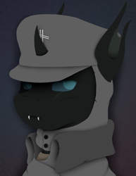 Size: 1080x1400 | Tagged: safe, artist:tiviyl, imported from derpibooru, oc, oc only, changeling, bust, changeling oc, clothes, coat, equestria divided: reunification, fangs, hat, portrait, scar, simple background, solo