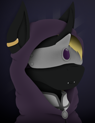 Size: 1080x1400 | Tagged: safe, artist:tiviyl, imported from derpibooru, oc, oc only, changeling, changeling queen, bust, changeling oc, cloak, clothes, ear piercing, equestria divided: reunification, fangs, female, gem, hood, mask, piercing, portrait, solo