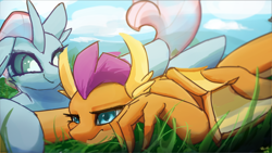 Size: 9600x5400 | Tagged: safe, artist:rainsketch, imported from derpibooru, ocellus, smolder, changedling, changeling, dragon, absurd file size, absurd resolution, dragoness, duo, female