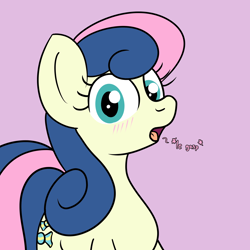 Size: 2000x2000 | Tagged: safe, artist:dafiltafish, imported from derpibooru, bon bon, sweetie drops, earth pony, pony, blushing, bust, female, le gasp, looking at you, mare, pink background, simple background, solo, speech bubble
