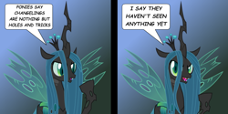 Size: 800x400 | Tagged: artist needed, safe, imported from derpibooru, queen chrysalis, changeling, changeling queen, 2 panel comic, comic, dialogue, female, looking at you, smiling, solo, speech bubble, spread wings, wings