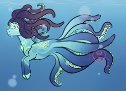 Size: 2889x2076 | Tagged: safe, artist:sleepydemonmonster, imported from derpibooru, oc, oc only, hybrid, monster pony, octopony, octopus, original species, seapony (g4), art trade, bubble, crepuscular rays, fins, flowing mane, flowing tail, glowing, high res, hooves, index get, logo, ocean, palindrome get, solo, sunlight, swimming, tail, tentacle tail, tentacles, underwater, water, watermark