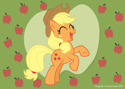 Size: 900x644 | Tagged: safe, artist:cartoon gurra, imported from derpibooru, applejack, earth pony, pony, apple, eyes closed, female, food, freckles, hat, mare, rearing, solo