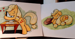 Size: 720x374 | Tagged: safe, artist:cartoon gurra, imported from derpibooru, applejack, earth pony, pony, butt, computer, eyes closed, floppy ears, hat, hug, lying down, plot, prone, solo, traditional art