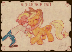 Size: 1108x799 | Tagged: safe, artist:cartoon gurra, imported from derpibooru, applejack, oc, earth pony, human, pony, clothes, duo, eyelashes, female, freckles, hat, hug, mare