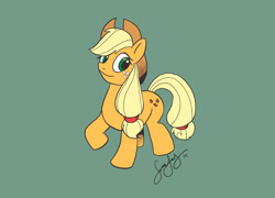 Size: 992x714 | Tagged: safe, artist:cartoon gurra, imported from derpibooru, applejack, earth pony, pony, female, freckles, green background, hat, mare, raised hoof, simple background, smiling, solo