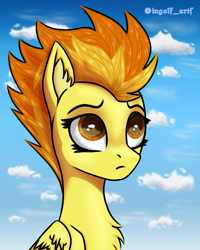 Size: 2700x3375 | Tagged: safe, artist:ingolf arts, imported from derpibooru, spitfire, pegasus, pony, bust, chest fluff, cloud, cute, ear fluff, female, high res, looking at you, mare, sad, sky, solo, wings, wonderbolts