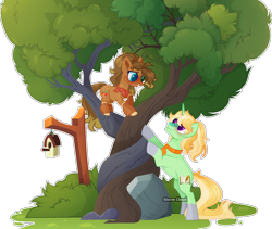 Size: 3142x2655 | Tagged: safe, artist:stormcloud-yt, imported from derpibooru, oc, oc only, oc:anahita, oc:outbreak, earth pony, pony, unicorn, base used, bird house, duo, earth pony oc, female, intertwined trees, magical gay spawn, mare, offspring, parent:applejack, parent:trenderhoof, parent:trouble shoes, parent:zephyr breeze, parents:troublejack, rock, simple background, transparent background, tree