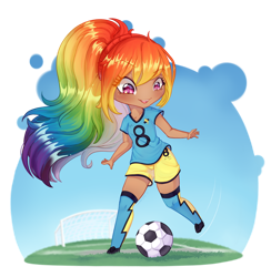 Size: 1024x1048 | Tagged: safe, artist:maneblue, imported from derpibooru, rainbow dash, human, blushing, clothes, dark skin, female, football, humanized, shorts, simple background, smiling, sports, transparent background