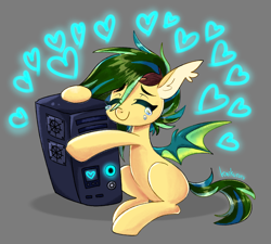 Size: 3337x3000 | Tagged: safe, artist:kaikururu, imported from derpibooru, oc, oc only, oc:joke plant, bat pony, pony, bat pony oc, bat wings, computer, crying, ear fluff, gray background, heart, hug, simple background, solo, tears of joy, wings