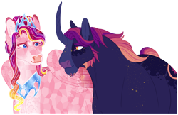 Size: 1280x829 | Tagged: safe, artist:felinenostalgic, imported from derpibooru, princess cadance, oc, oc:dusk constellation, alicorn, pony, unicorn, alternate design, aunt and nephew, body freckles, crystallized, facial hair, female, freckles, male, mare, muttonchops, offspring, parent:big macintosh, parent:twilight sparkle, parents:twimac, simple background, stallion, transparent background