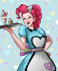 Size: 1280x1588 | Tagged: safe, artist:guyser3, imported from derpibooru, pinkie pie, human, equestria girls, equestria girls series, pinkie pie: snack psychic, abstract background, clothes, confetti, cupcake, dress, female, food, hand on hip, humanized, milkshake, server pinkie pie, smiling, solo, tray