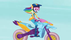 Size: 3410x1920 | Tagged: safe, imported from derpibooru, screencap, rainbow dash, equestria girls, friendship games, boots, clothes, female, gloves, helmet, high res, motorcross, motorcycle, open mouth, open smile, shoes, smiling, solo
