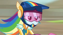 Size: 3410x1920 | Tagged: safe, imported from derpibooru, screencap, rainbow dash, equestria girls, friendship games, clothes, female, gloves, helmet, high res, motorcross, smiling, solo