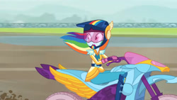Size: 3410x1920 | Tagged: safe, imported from derpibooru, screencap, rainbow dash, equestria girls, friendship games, boots, clothes, female, gloves, helmet, high res, motorcross, motorcycle, open mouth, shoes, solo