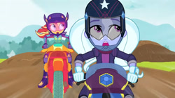 Size: 3410x1920 | Tagged: safe, imported from derpibooru, screencap, sugarcoat, sunset shimmer, equestria girls, friendship games, duo, duo female, female, helmet, high res, motorcycle, open mouth