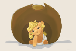 Size: 1842x1247 | Tagged: safe, artist:applephil, imported from derpibooru, applejack, earth pony, pony, baby, babyjack, cute, daaaaaaaaaaaw, diaper, female, filly, foal, freckles, hat, jackabetes, solo, weapons-grade cute, younger