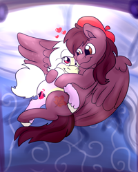 Size: 2000x2500 | Tagged: safe, artist:euspuche, imported from derpibooru, oc, oc:autumn rosewood, oc:carmen garcía, earth pony, pegasus, bed, beret, cuddling, female, floating heart, hat, heart, hug, male, mare, snuggling, stallion