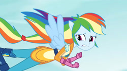 Size: 3410x1920 | Tagged: safe, imported from derpibooru, screencap, rainbow dash, equestria girls, friendship games, boots, female, flying, high res, ponied up, shoes, solo, spread wings, wings