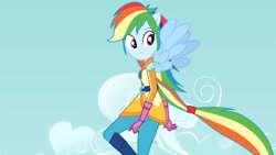 Size: 3410x1920 | Tagged: safe, imported from derpibooru, screencap, rainbow dash, equestria girls, friendship games, boots, clothes, female, flying, gloves, high res, motorcross, ponied up, shoes, solo, spread wings, wings