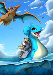 Size: 2509x3550 | Tagged: safe, artist:pridark, imported from derpibooru, oc, oc only, oc:disterious, bat pony, charizard, lapras, pony, unicorn, bat pony oc, cloud, fangs, flying, horn, ocean, partially submerged, pokémon, sky, swimming, underwater, water, waving