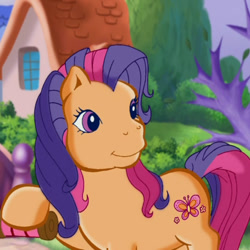 Size: 540x539 | Tagged: safe, imported from derpibooru, screencap, scootaloo (g3), earth pony, pony, meet the ponies, bridge, cropped, cute, dexterous hooves, female, g3, g3 cutealoo, holding, house, kite, mare, pinkie pie's party party, ponyville (g3), smiling, solo